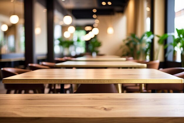 Table en bois avec fond de café-restaurant en or clair mise au point sélective