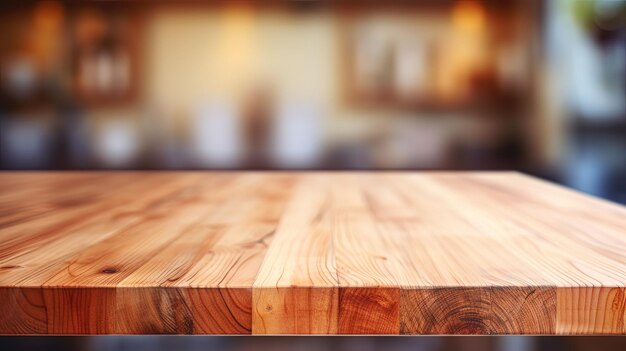 Table en bois sur fond de comptoir de cuisine flou