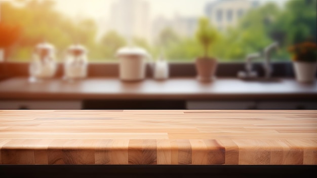 Table en bois sur fond de comptoir de cuisine flou