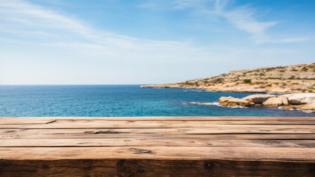 Photo table en bois sur le fond d'une côte rocheuse sous un ciel bleu clair