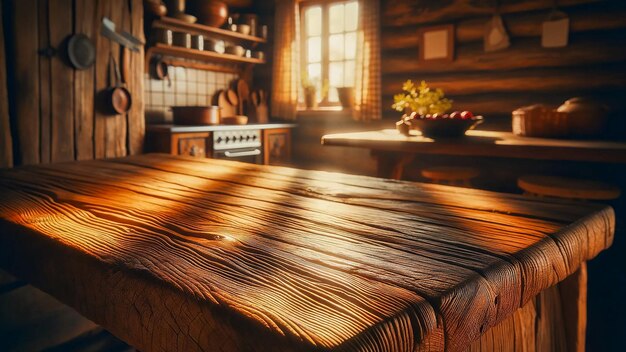 table en bois sur le fond d'une cuisine de campagne confortable