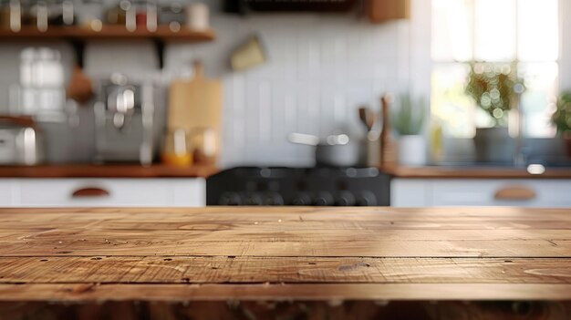 Photo table en bois sur un fond de cuisine flou pour les maquettes de produits et les montages d'affichage