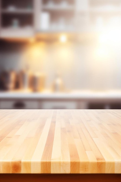 table en bois sur un fond de cuisine flou