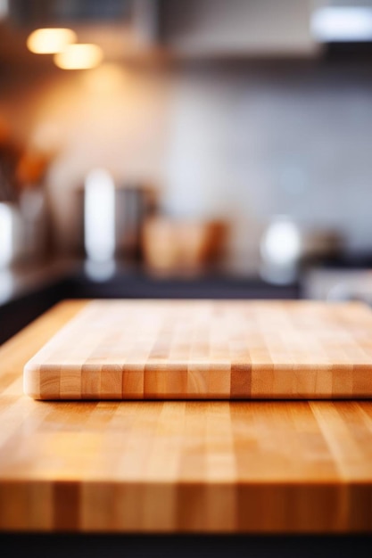 table en bois sur un fond de cuisine flou