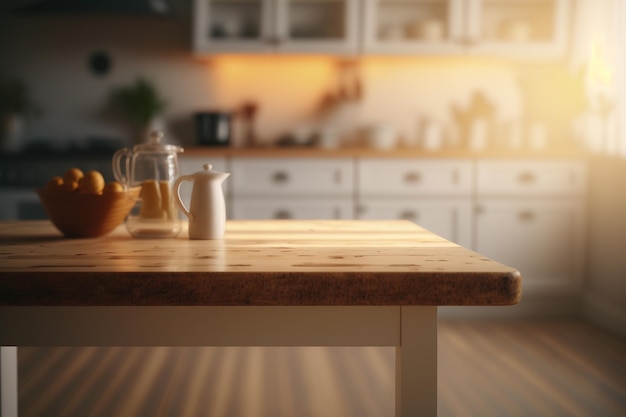 Table en bois avec fond de cuisine floue