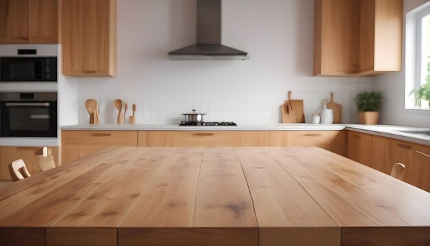 Table en bois sur le fond de la cuisine moderne intérieur de la cuisine de luxe