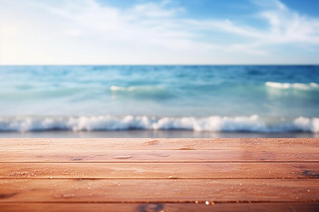 Table en bois et fond d'eau de mer étincelante floue