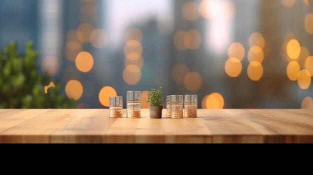 Table en bois et fond de l'espace intérieur du bureau à bokeh flou AI générative