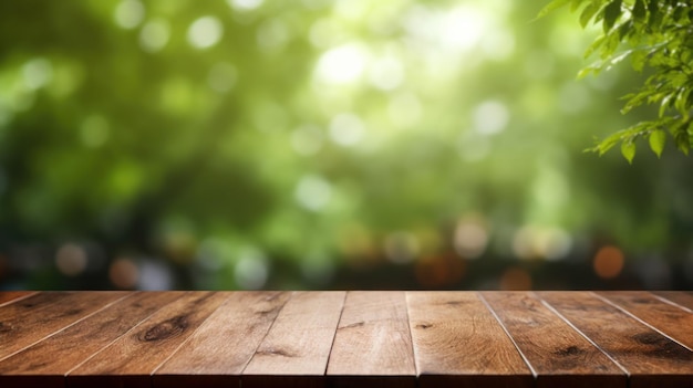 Table en bois et fond d'été jardin vert nature floue