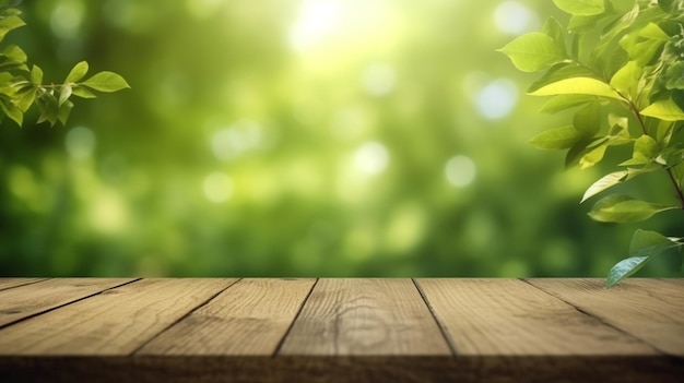 Une table en bois avec un fond de feuilles vertes