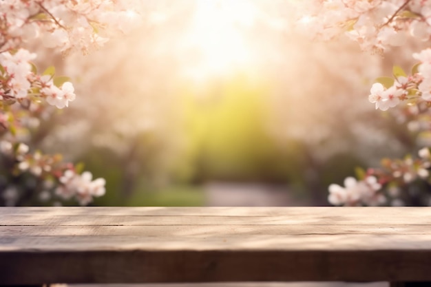 Une table en bois avec un fond de fleur