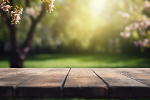 Une table en bois avec un fond de fleurs