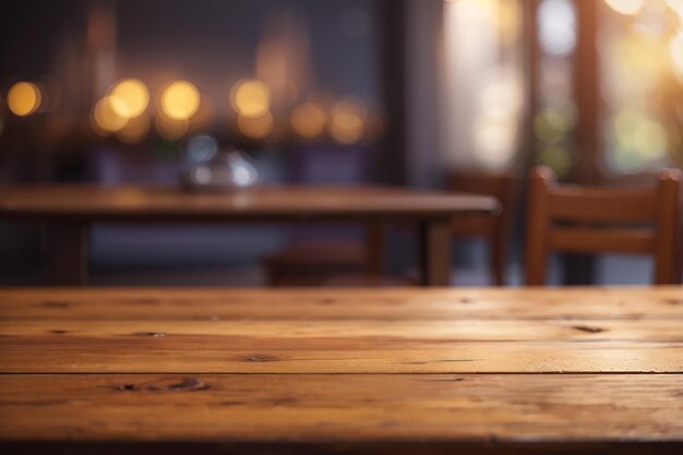 Table en bois sur fond flou avant