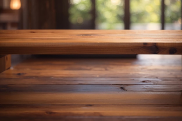 Table en bois sur fond flou avant