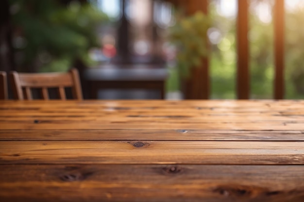 Table en bois sur fond flou avant