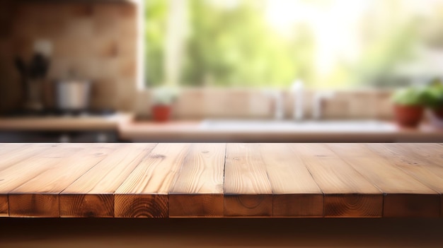 Table en bois sur fond flou d'un banc de cuisine. Ai générative.