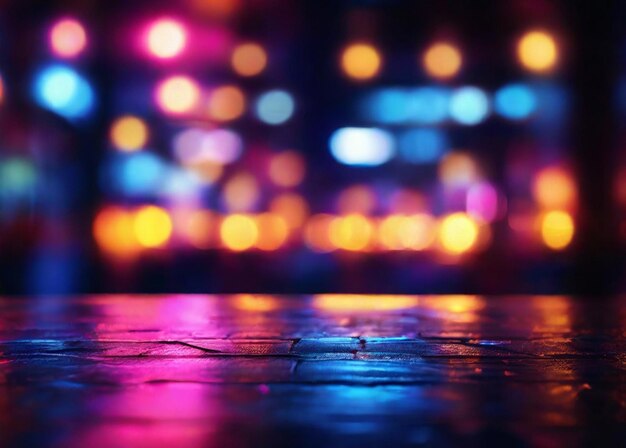 Table en bois à fond flou bokeh à fond vue de nuit couleur rose et bleue