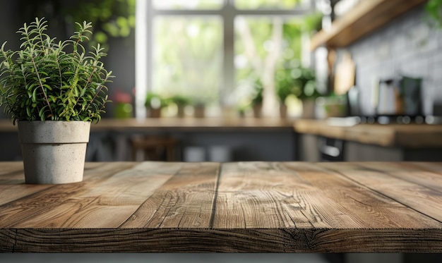 Table en bois sur fond flou de la cuisine Intérieur de la cuisine moderne contemporain