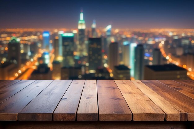 Table en bois avec un fond flou du paysage urbain