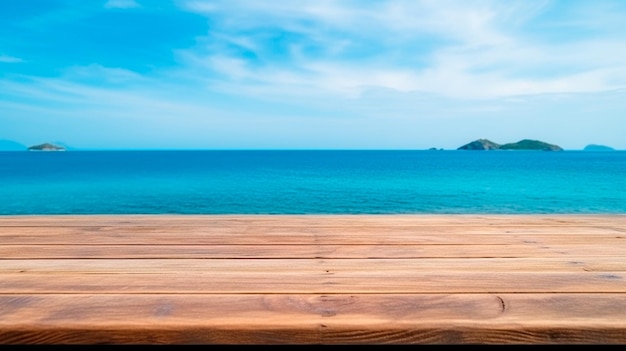 Table en bois sur un fond flou de mer et d'océan