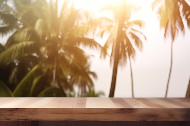 Table en bois sur un fond flou de palmiers et de mer Pour l'affichage des produits Vacances d'été