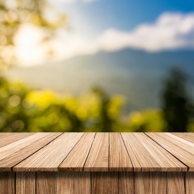 Table en bois avec fond flou Produit de table Mesa