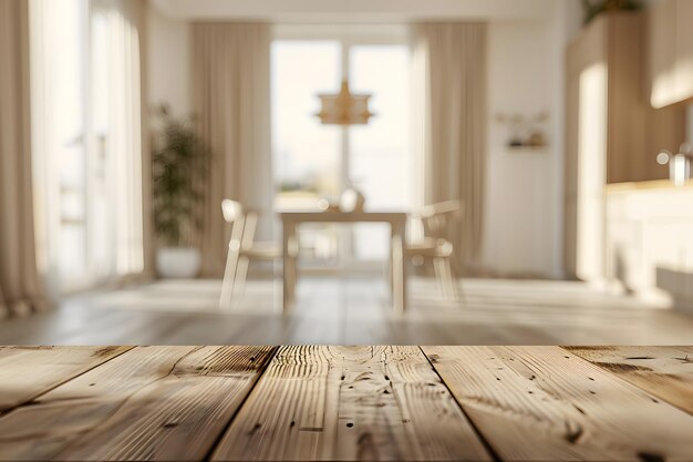 Photo table en bois avec un fond flou d'une salle à manger de couleur beige