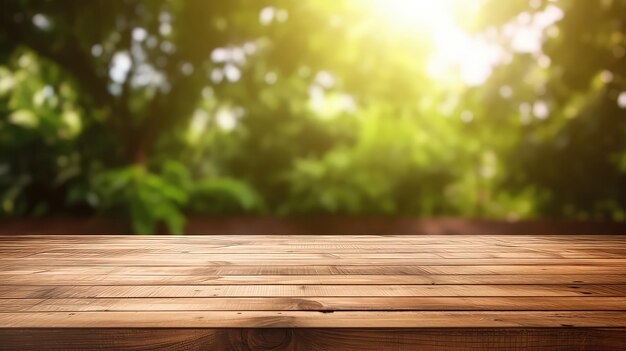 Table en bois sur un fond forestier flou