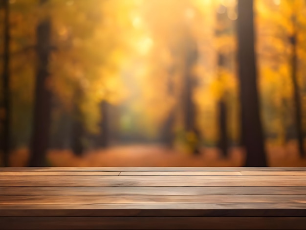 Table en bois sur fond de forêt d'automne flou avec effet bokeh lumière du soleil