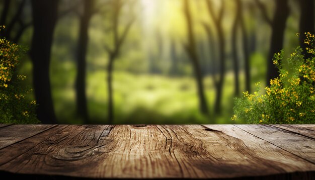 Table en bois et fond de forêt de printemps ai génératif