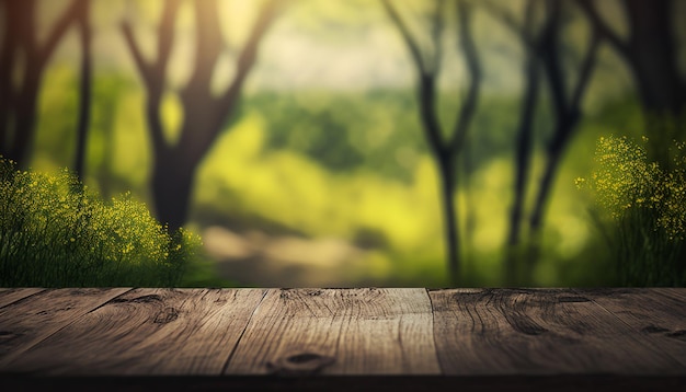 Table en bois et fond de forêt de printemps ai génératif