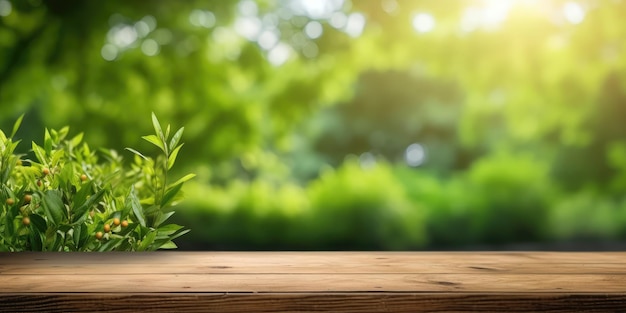 Table en bois et fond de jardin de nature verte floue