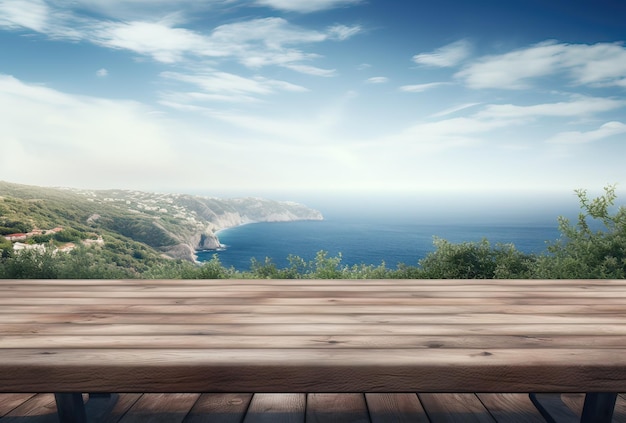 table en bois avec un fond de milieux de concept de mer