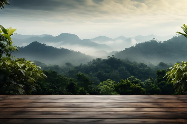 Table en bois avec fond de montagne vert naturel modèle d'affichage du produit