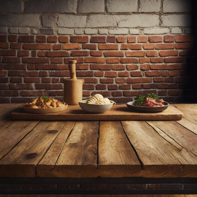 Table en bois sur fond de mur de brique Ai généré