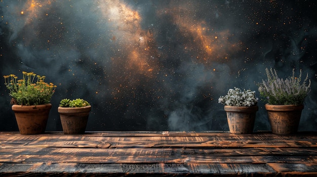 Sur une table en bois avec un fond de mur noir flou, il y a de l'espace pour afficher les produits