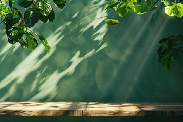 Table en bois avec fond de mur vert et ombre de feuille