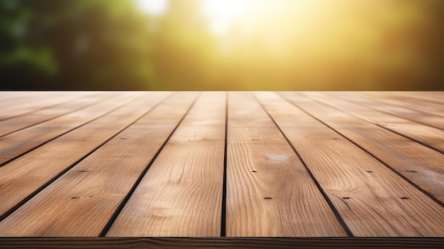 Photo table en bois sur fond de nature vert flou avec bokeh