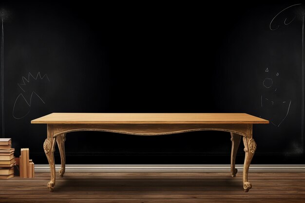 Une table en bois avec un fond noir et une table avec un plateau doré.