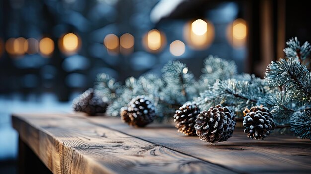 Table en bois sur le fond d'un paysage hivernal flou et sur la table