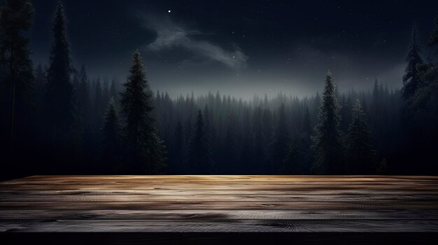 Photo table en bois sur le fond d'un paysage nocturne avec des montagnes et une forêt brumeuse