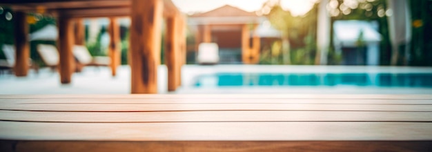 Table en bois sur le fond de la piscine et des palmiers Generative AI