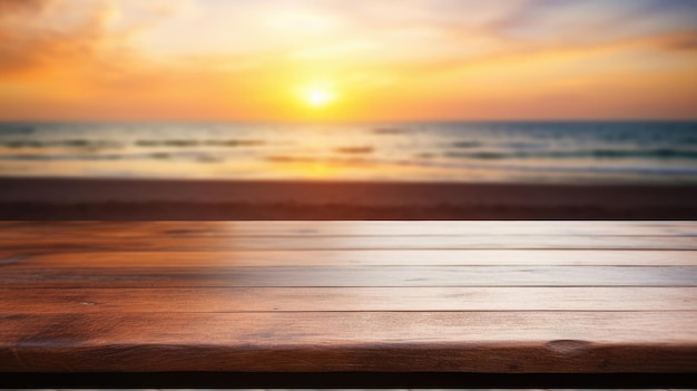 Table en bois sur fond de plage au coucher du soleil