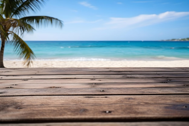 Table en bois avec fond de plage et cocotier pour la vitrine de produits biologiques naturels