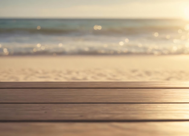 Table en bois avec fond de plage flou