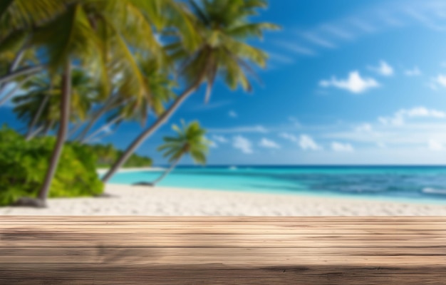 Table en bois avec un fond de plage tropicale flou