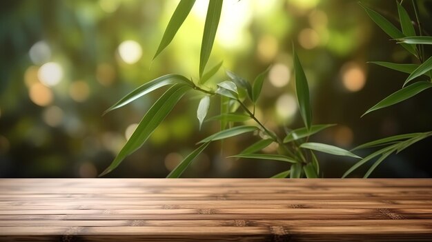 Photo table en bois sur fond de plante de bambou image réaliste