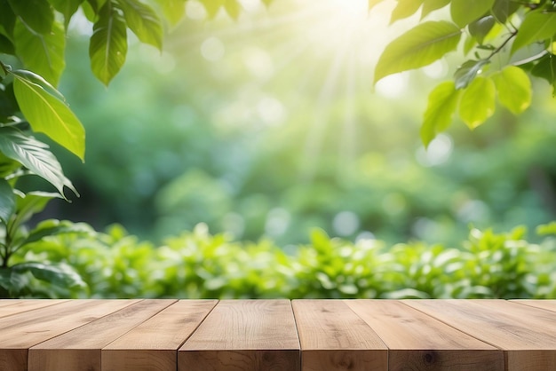 Table en bois sur le fond vert abstrait du jardin le matin Pour l'affichage du produit de montage ou la mise en page visuelle clé de conception