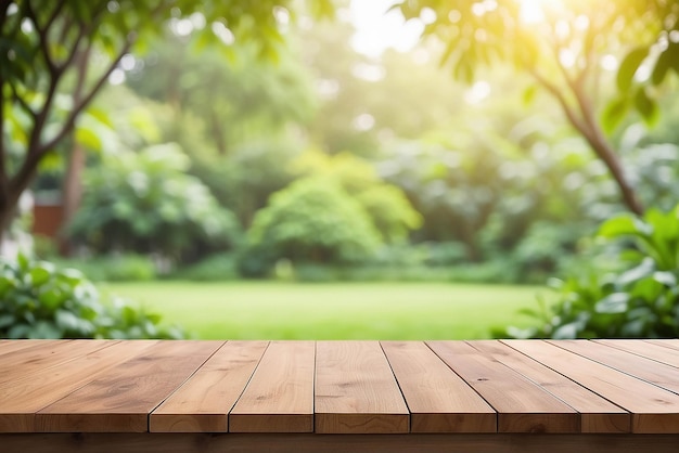 Table en bois sur le fond vert abstrait du jardin le matin Pour l'affichage du produit de montage ou la mise en page visuelle clé de conception