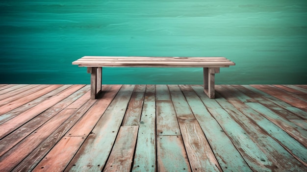 Une table en bois sur un fond vert avec un fond bleu.